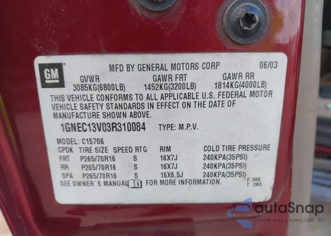 2003 Chevrolet Tahoe Ls из США, поврежденный, VIN 1GNEC13V03R310084